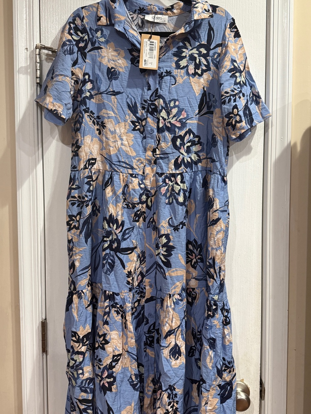 Light Blue Floral Midi Dress with Collar - ASTO